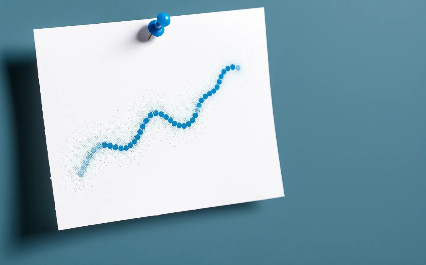 A risograph plate pinned to a slate board showing an abstract folded peptide chain in blue with its active fragment printed solid and the rest ghosted, and a teal node at the amino-terminus, on cool copier paper